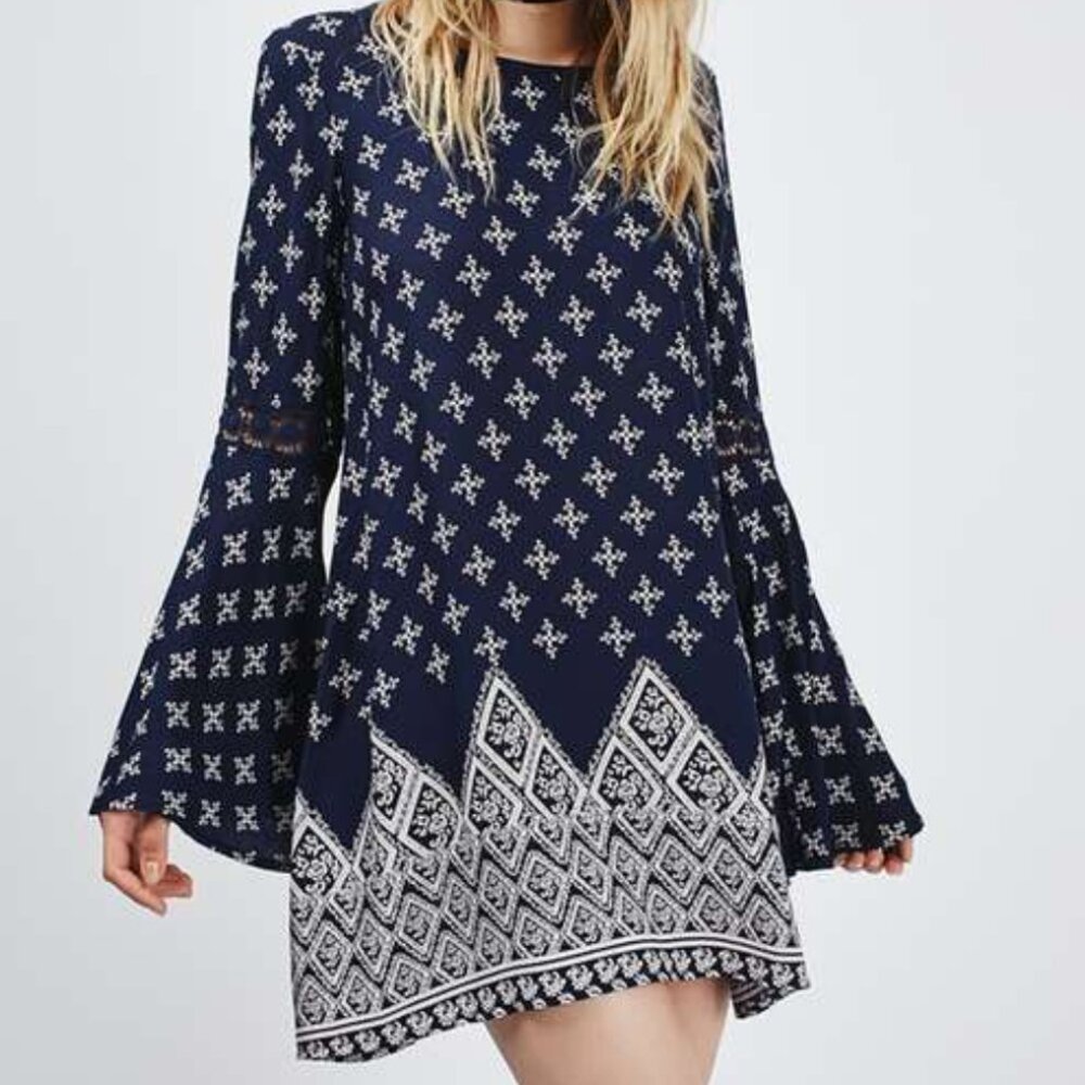 NWOT, Band of Gypsies, boho-chic, bell-sleeves printed tunic mini dress, Size XS